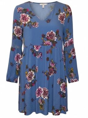 ANTHROPOLOGIE EVERLY Babydoll Dress Floral V-Neck Slate Blue Size Small